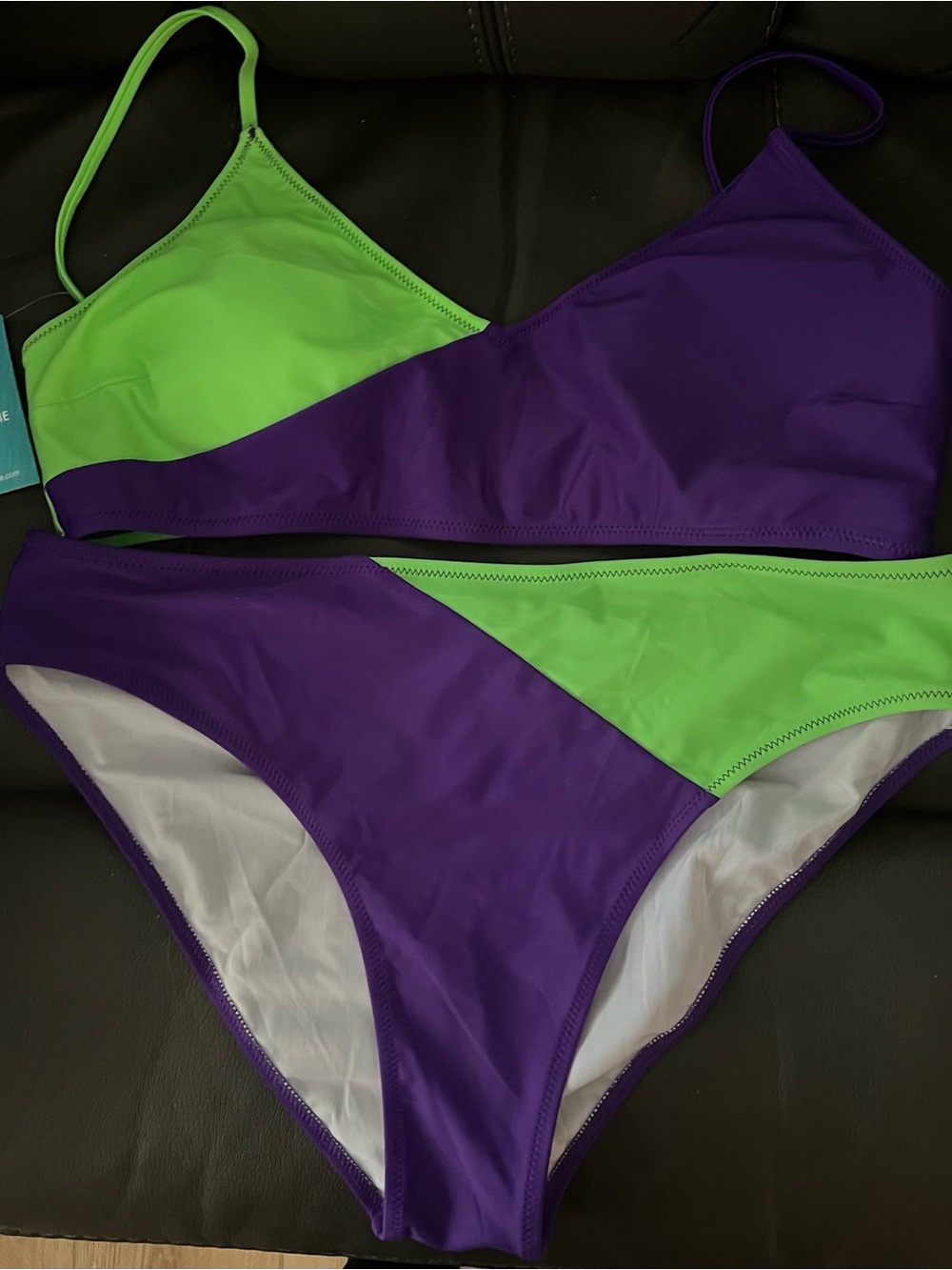 Cupshe Colorblock Purple & Neon Green Two-Piece Swim Set - Women